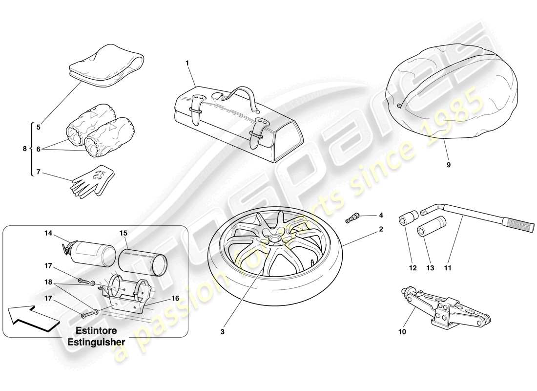 Ferrari 612 Sessanta (RHD) Spare Wheel and Accessories Parts Diagram