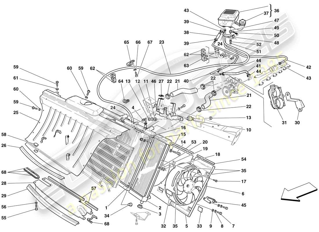 Ferrari 612 Sessanta (USA) COOLING SYSTEM - RADIATOR AND HEADER TANK Parts Diagram