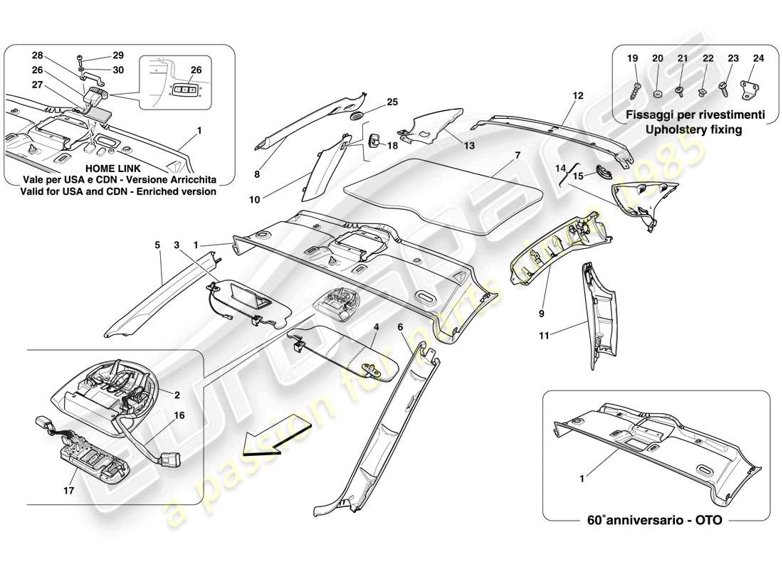 Ferrari 612 Sessanta (USA) HEADLINER TRIM AND ACCESSORIES Parts Diagram