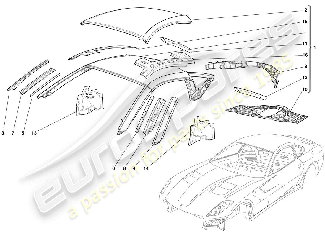 Ferrari 599 GTO (RHD) BODYSHELL - ROOF Part Diagram