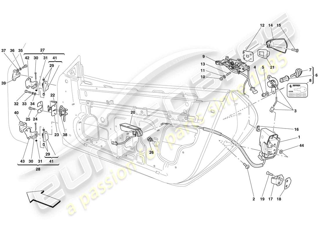 Ferrari 599 SA Aperta (Europe) DOORS - OPENING MECHANISM AND HINGES Parts Diagram