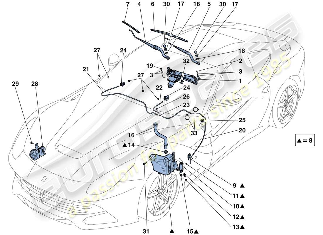 Ferrari F12 Berlinetta (Europe) Windscreen Wiper, Windscreen Washer and Horns Parts Diagram