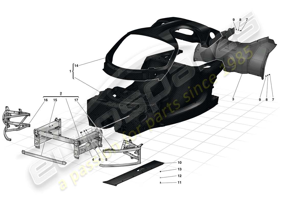 Ferrari LaFerrari (Europe) MONOCOQUE TUB - FRONT SUBCHASSIS - CENTRAL FLAT UNDERTRAY Part Diagram