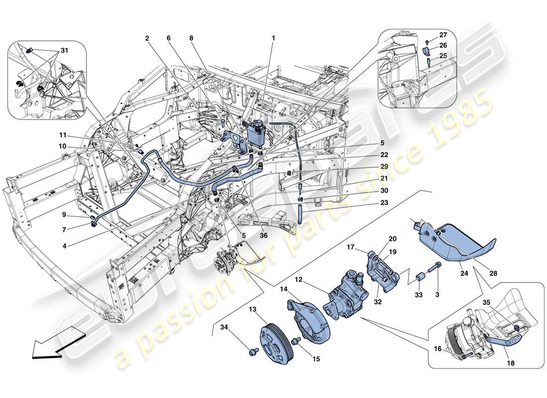 Ferrari F12 TDF (RHD) POWER STEERING PUMP AND RESERVOIR Parts Diagram