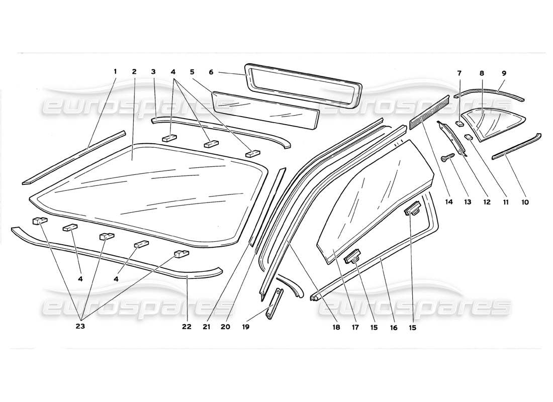 Lamborghini Diablo GT (1999) Glass Parts Diagram