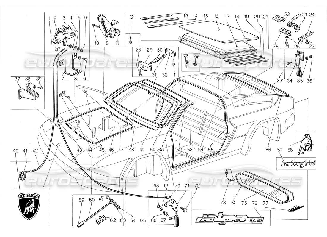 Lamborghini Jalpa 3.5 (1984) Front Bonnet and Removable Hard Top Parts Diagram