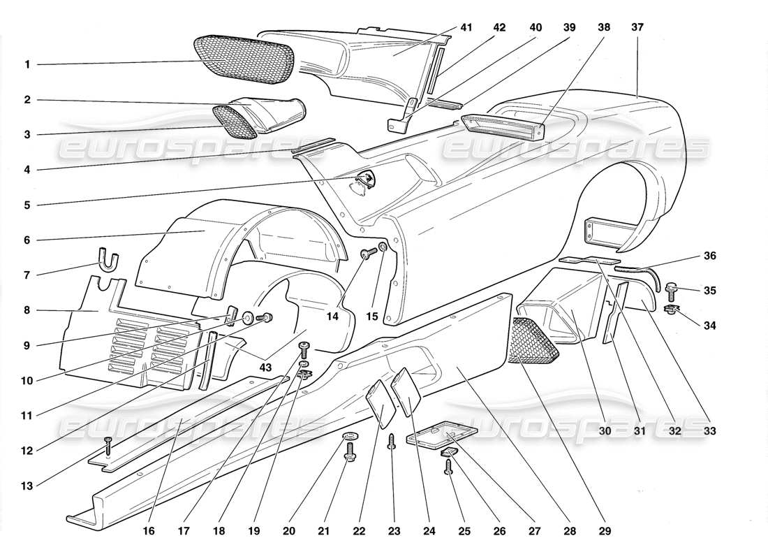 Lamborghini Diablo Roadster (1998) Coque Elements - Left Flank Parts Diagram