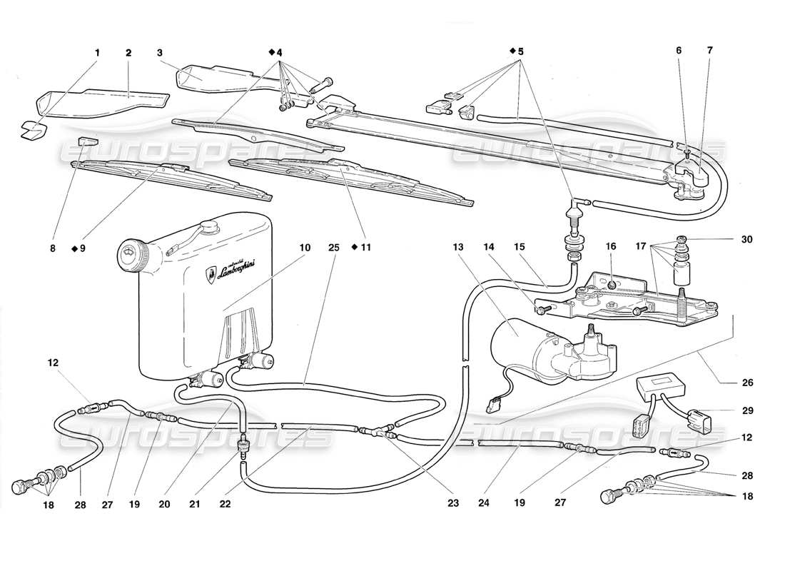 Lamborghini Diablo Roadster (1998) Windscreen Wiper and Headlamp Washers Parts Diagram