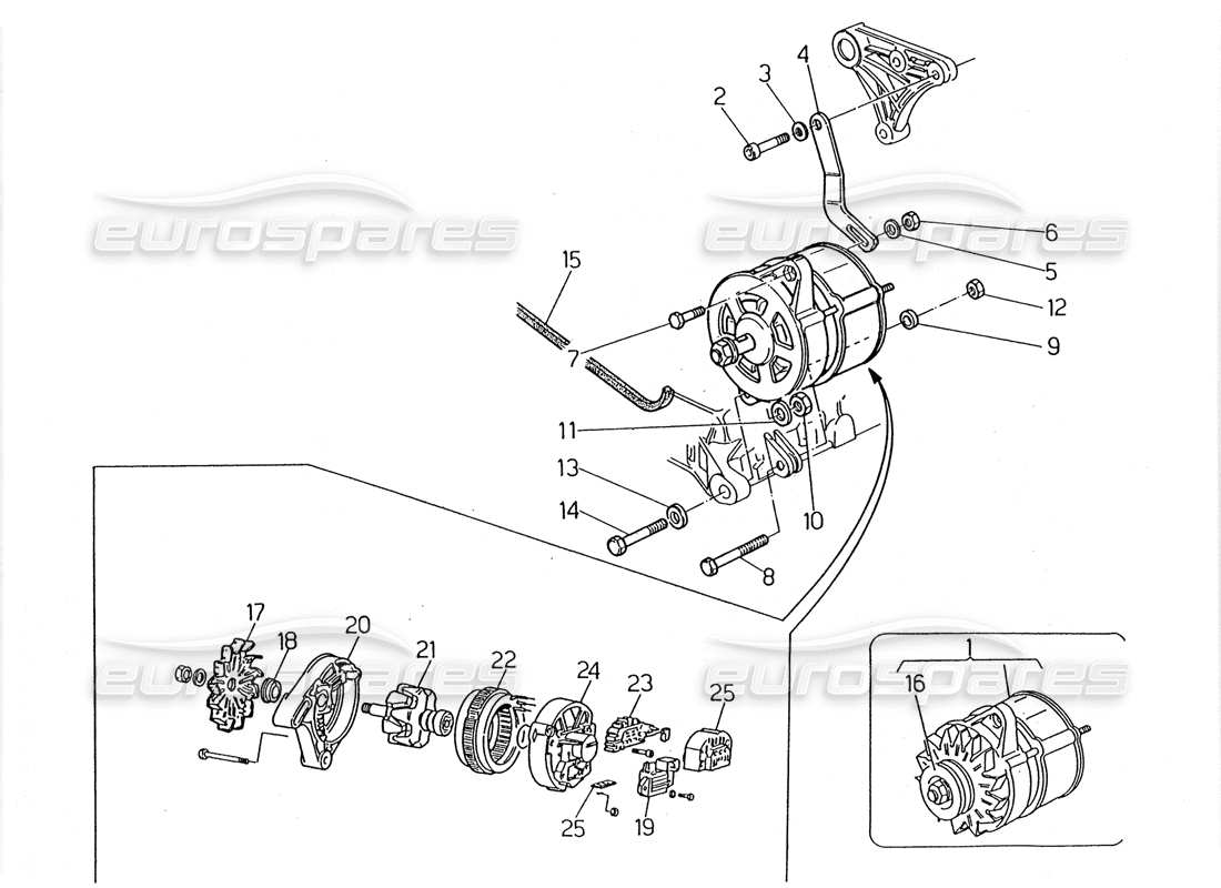 Maserati 2.24v Alternator and Bracket Part Diagram