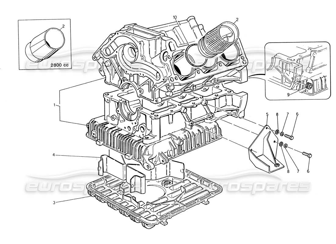 Maserati 222 / 222E Biturbo cylinder block and oil sump Part Diagram