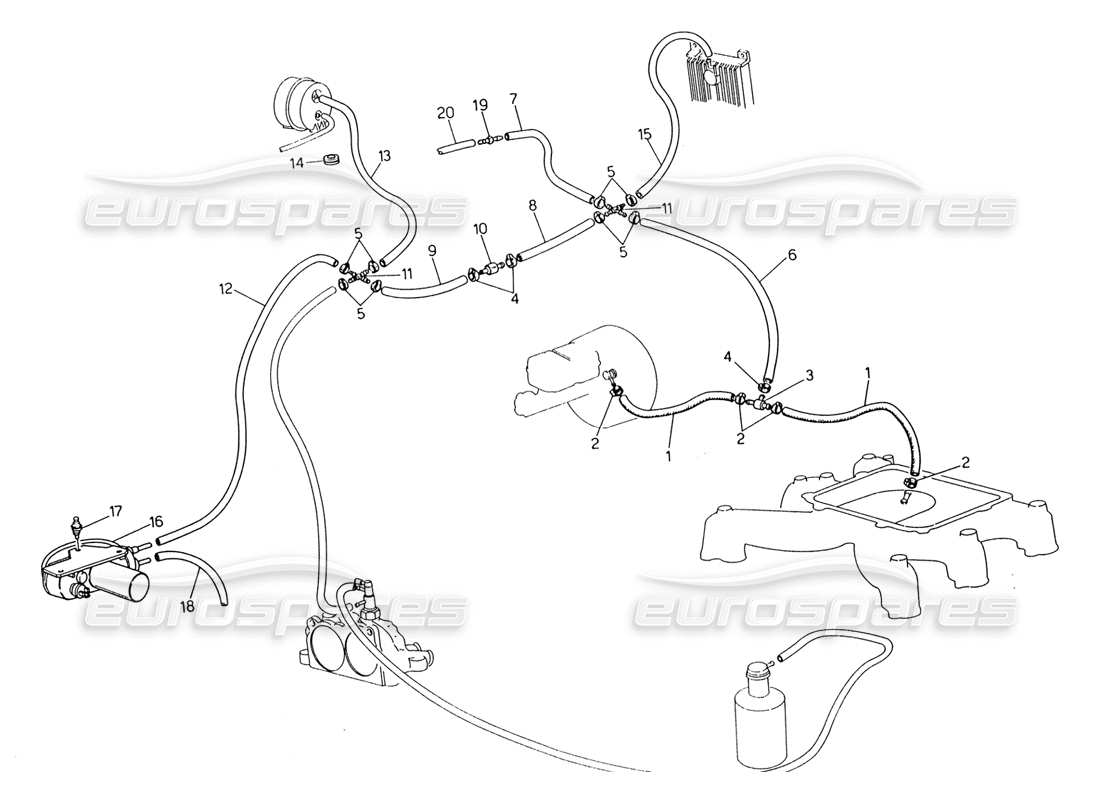 Maserati 222 / 222E Biturbo Evaporation System (RH Steering With Lambda Feeler) Parts Diagram