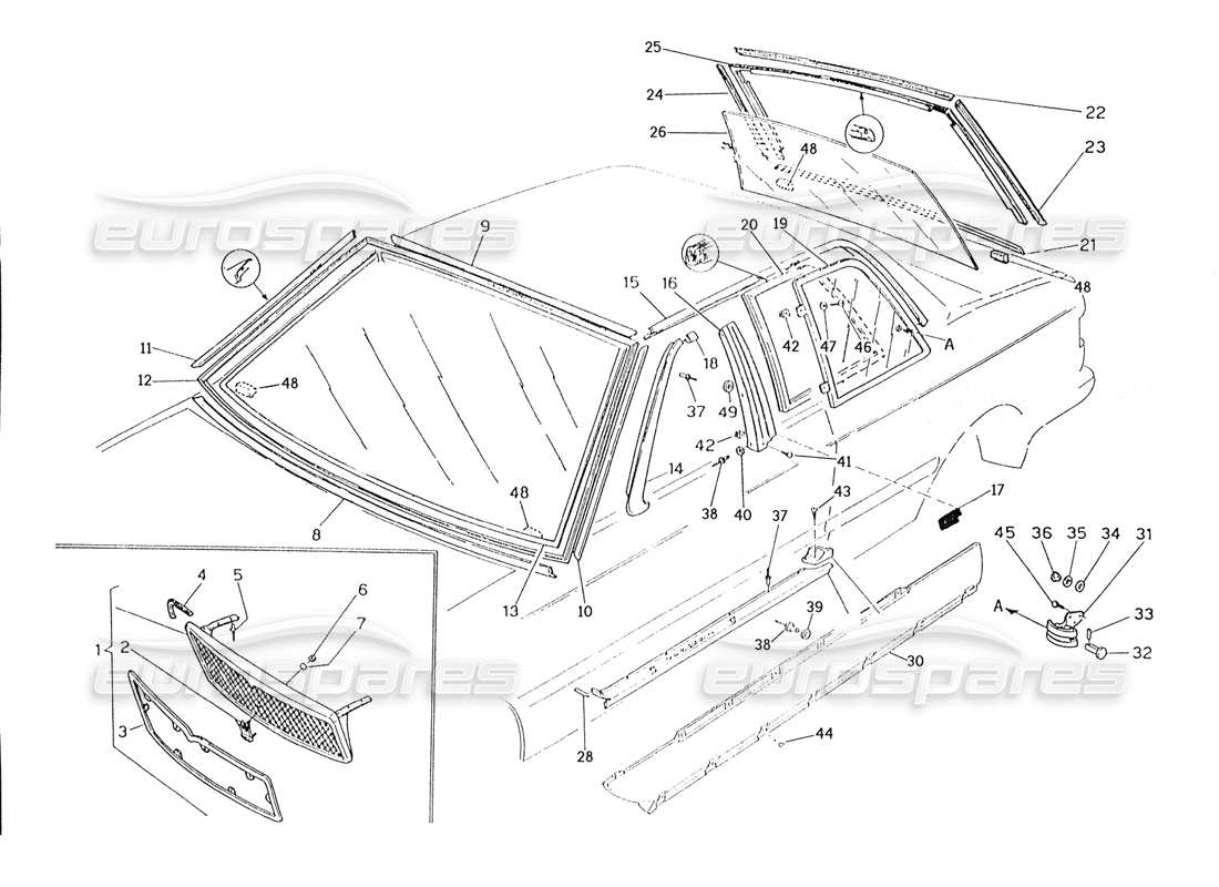 Maserati Karif 2.8 Radiator Grille, Finishers-Fixed Glasses Part Diagram