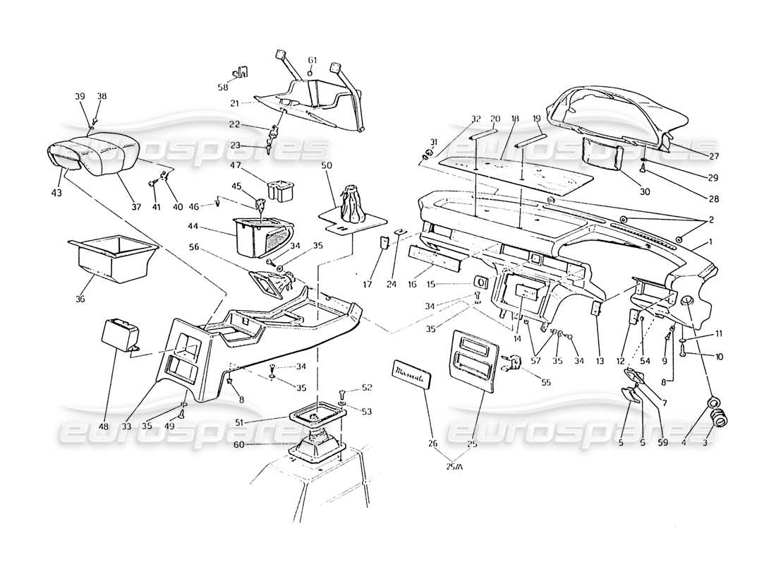 Maserati Karif 2.8 Instrument Panel and Console (RH Steering Cars) Part Diagram