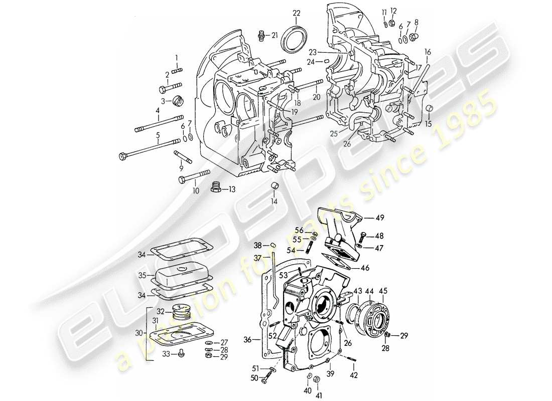 Porsche 356/356A (1954) crankcase - M 22 001 >> - M 50 101 >> - M 33 901 >> - M 41 001 >> - M 60 001 >> - M 80 001 >> Part Diagram