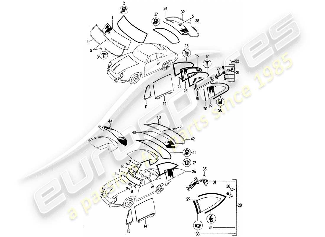 Porsche 356B/356C (1961) WINDOW GLAZING Part Diagram