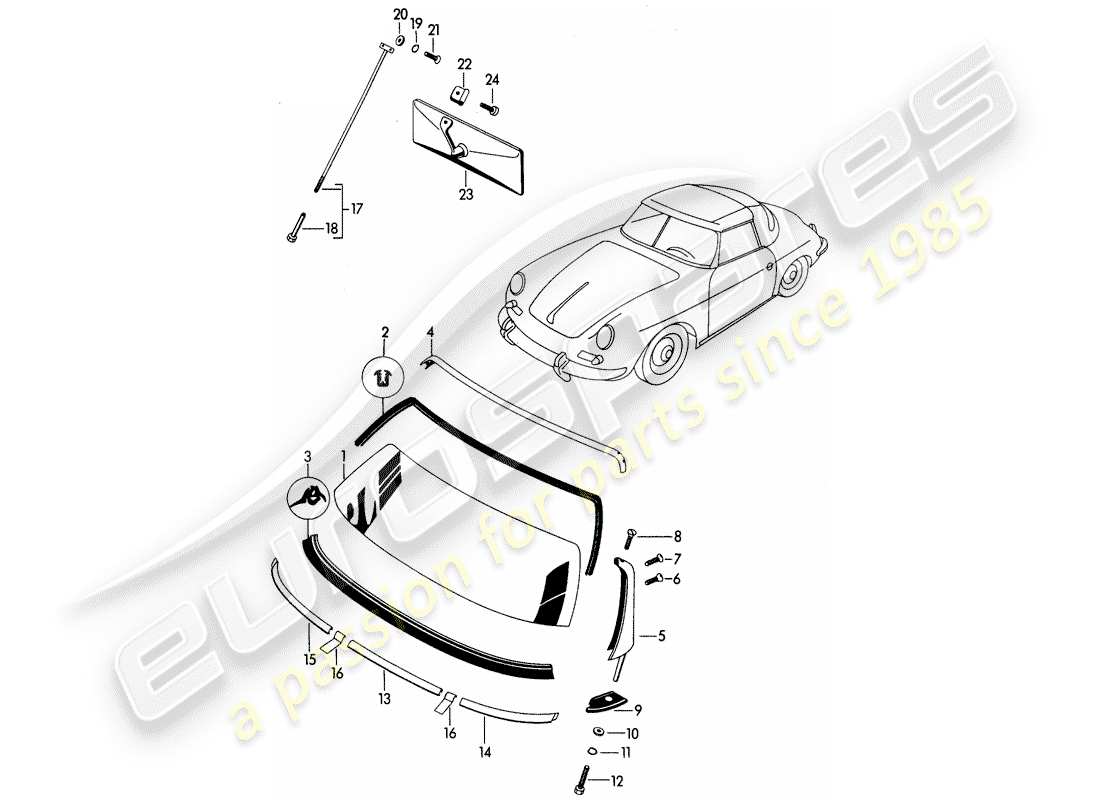 Porsche 356B/356C (1961) WINDOW GLAZING Part Diagram