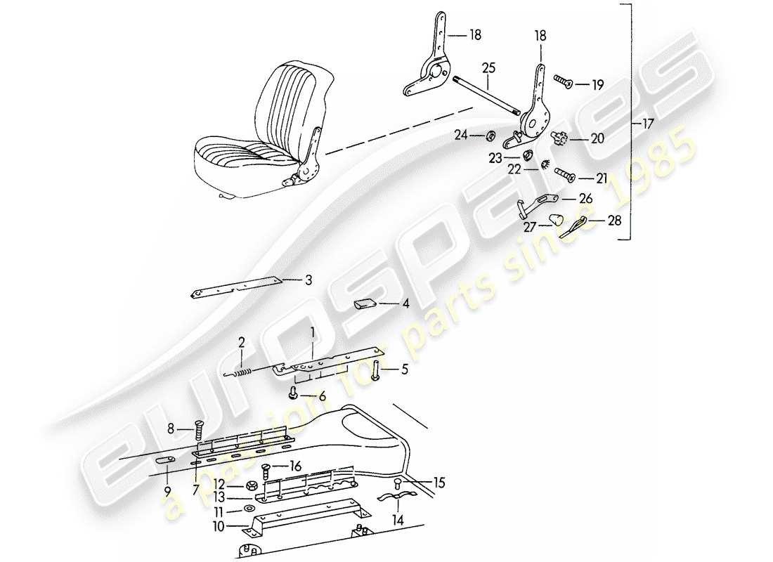 Porsche 356B/356C (1961) SEAT RAIL - SEAT RAIL SUPPORT - AND - RECLINING SEAT MECHANISM Part Diagram