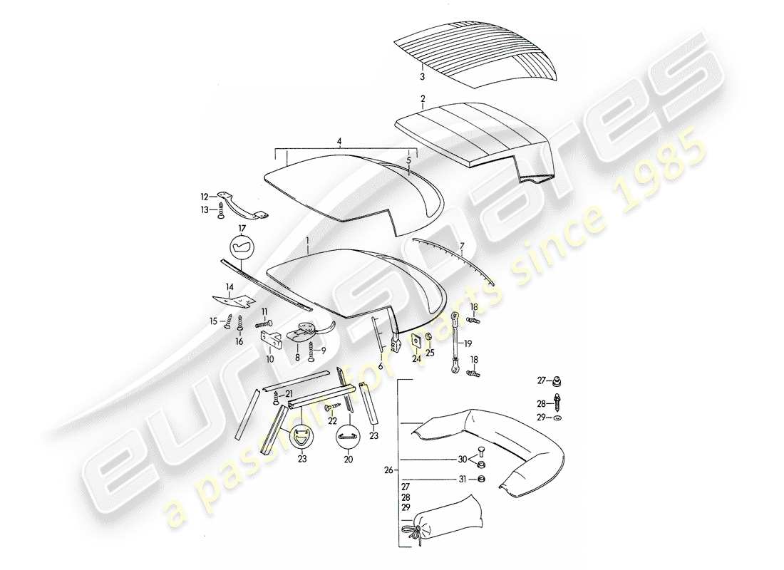 Porsche 356B/356C (1961) CONVERTIBLE TOP - AND - CONVERTIBLE TOP COVERING Part Diagram