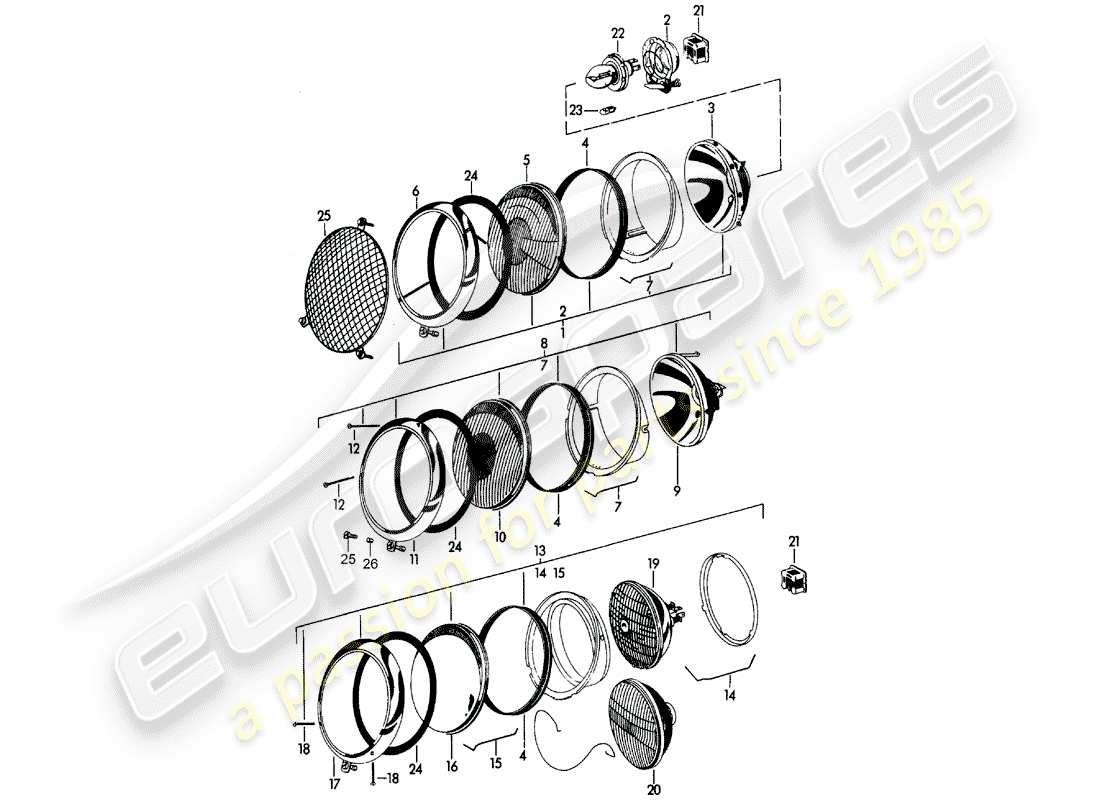 Porsche 356B/356C (1961) headlamp Part Diagram