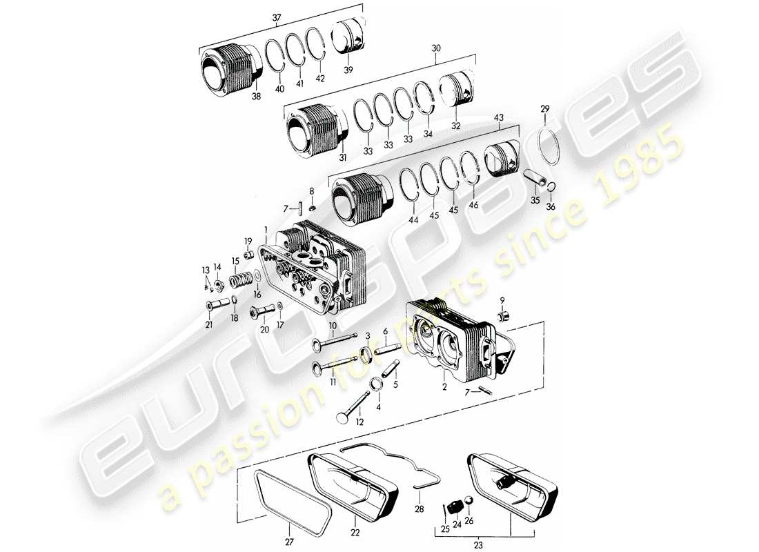 Porsche 356B/356C (1965) CYLINDER HEAD - CYLINDER WITH PISTONS Part Diagram