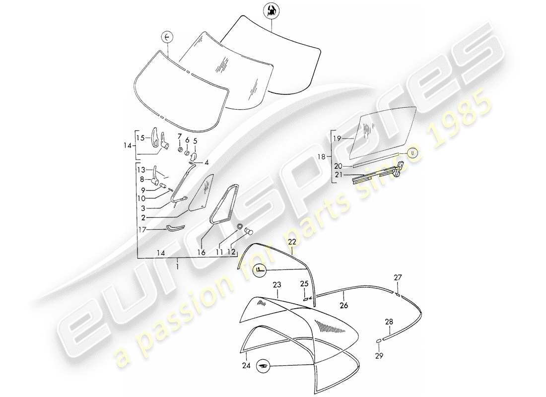 Porsche 911 (1972) WINDOW GLAZING Parts Diagram