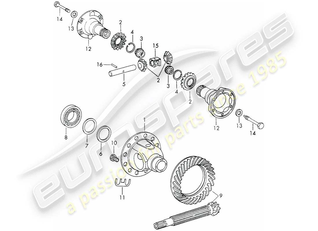 Porsche 911 (1973) DIFFERENTIAL - FOR - MANUAL GEARBOX - TYP 915 - AND - SPORTOMATIC - TYP 925 - WITH: - ARMATURE Part Diagram