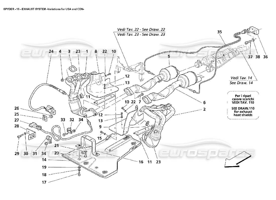 Maserati 4200 Spyder (2002) Exhaust System -Variations for USA and CDN Part Diagram