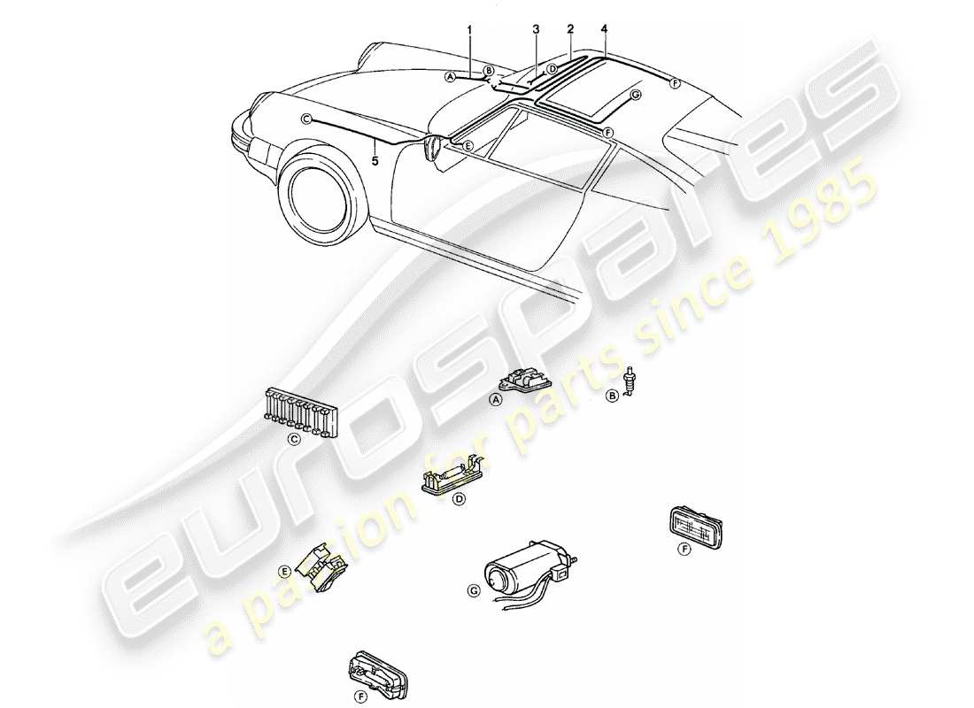 Porsche 911 (1979) WIRING HARNESSES - FRONT LUGGAGE COMPARTMENT - INTERIOR LIGHTS - SUNROOF Part Diagram