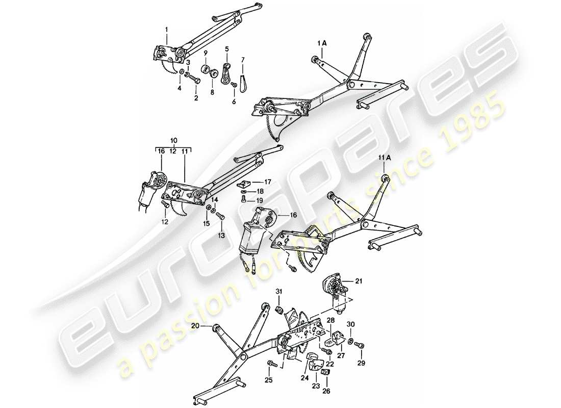 Porsche 911 (1981) WINDOW REGULATOR - MECHANICAL - SEE TPI - GROUP: - 8 NR.5/80 - SEE ILLUSTRATION: - ALSO USE: - POS.11 Part Diagram