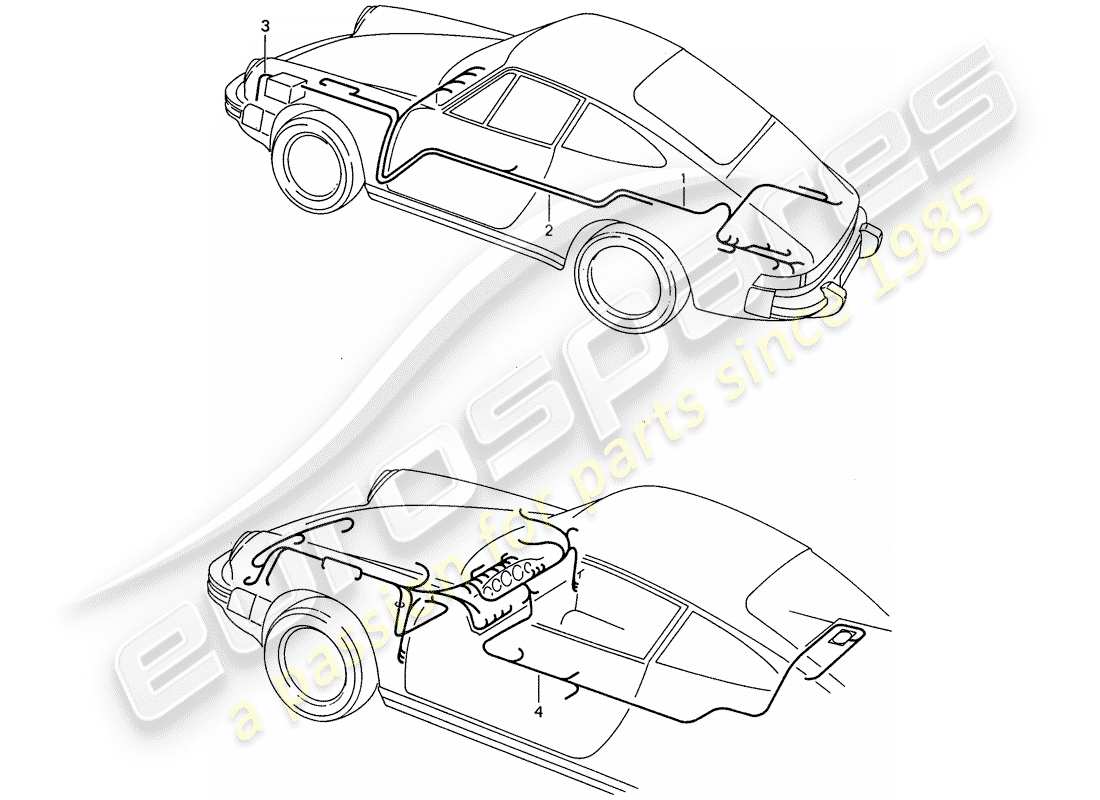 Porsche 911 (1987) WIRING HARNESSES - PASSENGER COMPARTMENT - STARTER BATTERY - LUGGAGE COMPARTMENT FLOOR Part Diagram