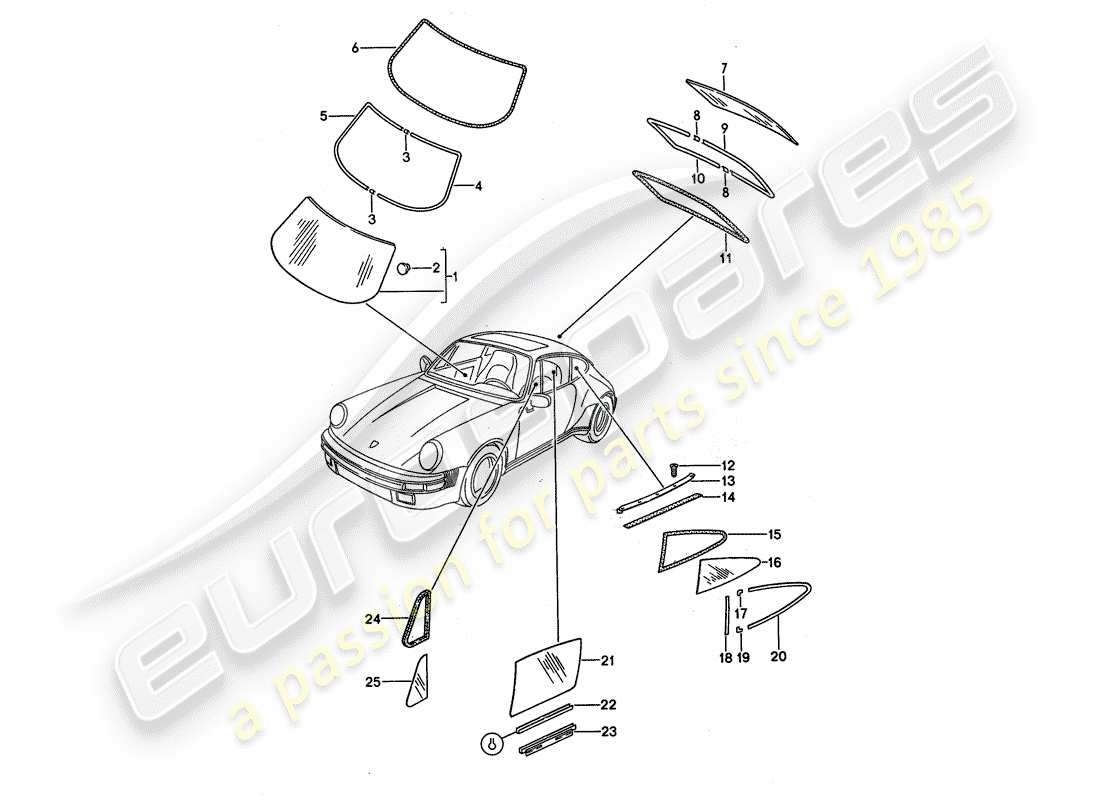 Porsche 911 (1988) WINDOW GLAZING Part Diagram