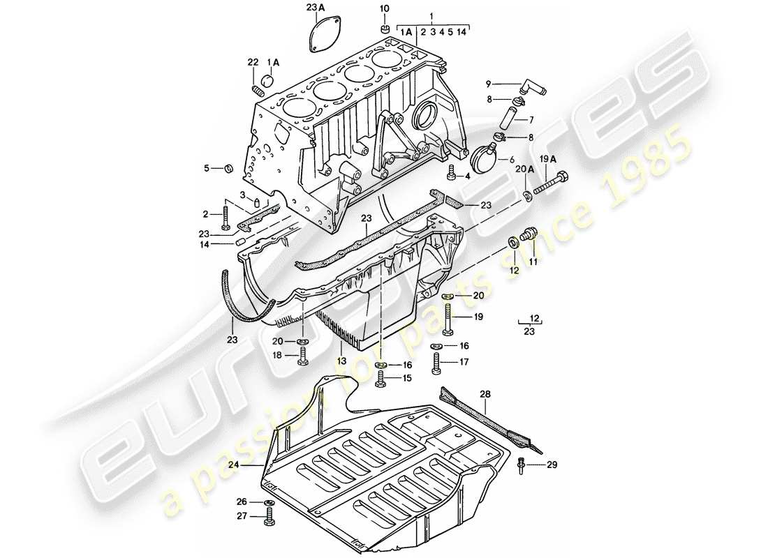 Porsche 924 (1976) CYLINDER BLOCK - WITH PISTONS - OIL PAN - PROTECTIVE PLATE F. ENGINE Part Diagram