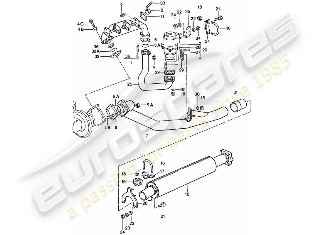 Porsche 924 (1976) EXHAUST SYSTEM - EXHAUST SILENCER, FRONT Part Diagram