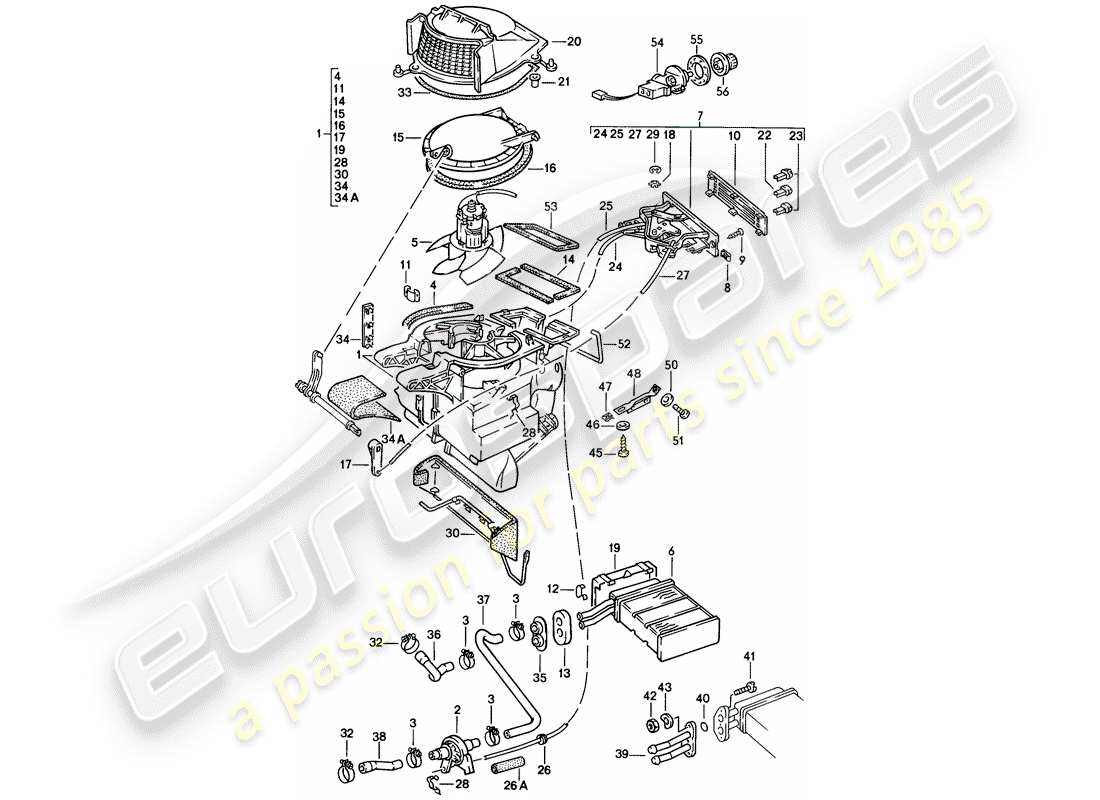 Porsche 924 (1976) HEATER - VENTILATION - HEATER CORE Part Diagram