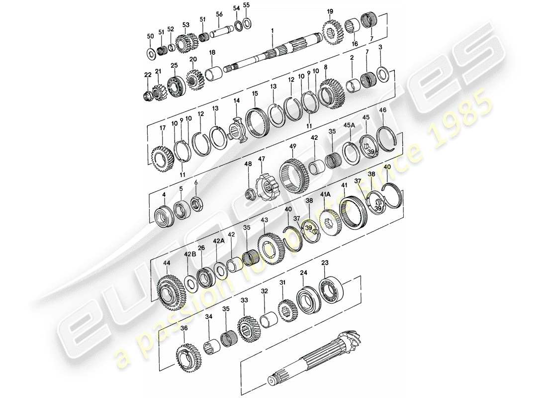 Porsche 924 (1977) GEARS AND SHAFTS - 5-SPEED - TRANSMISSION - GEAR WHEEL SETS - 016 Z Part Diagram