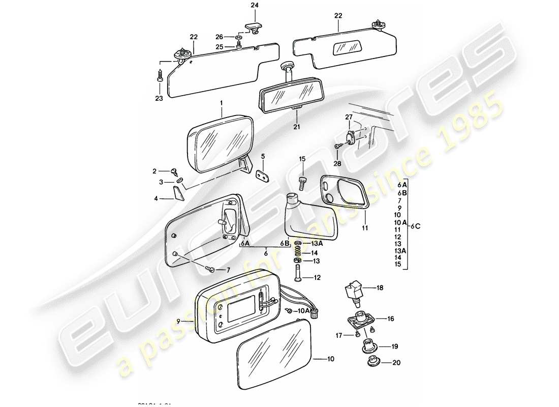 Porsche 924 (1977) REAR VIEW MIRROR - REAR VIEW MIRROR INNER - SUN VIZOR Part Diagram