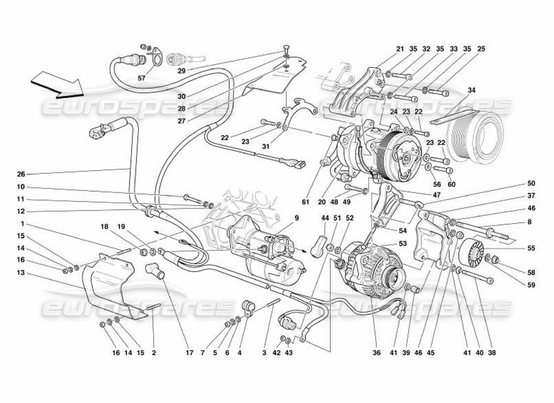 Ferrari 550 Barchetta Alternator Starting Motor and A.C. Compressor Parts Diagram