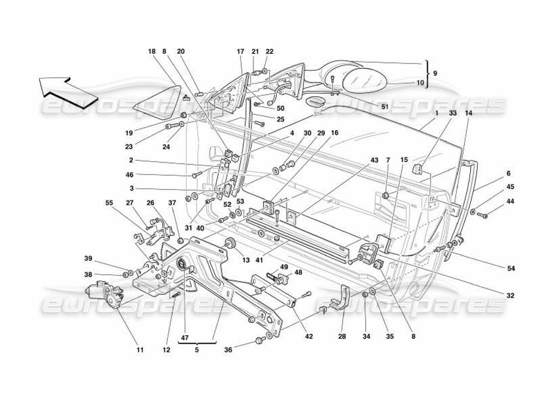 Ferrari 550 Barchetta Doors - Power Window and Rearview Mirror Parts Diagram