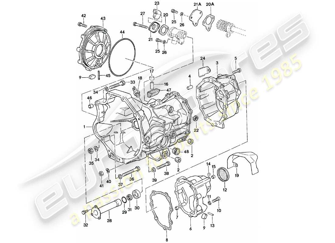 Porsche 924 (1980) REPLACEMENT TRANSMISSION - TRANSMISSION CASE - MANUAL GEARBOX - VQ VR UV MD - ME MF MB MX - 4Q 5Q 6Q - D - MJ 1981>> Part Diagram