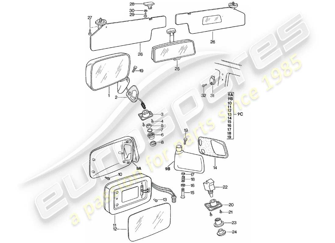 Porsche 924 (1981) REAR VIEW MIRROR - REAR VIEW MIRROR INNER - SUN VIZOR Part Diagram