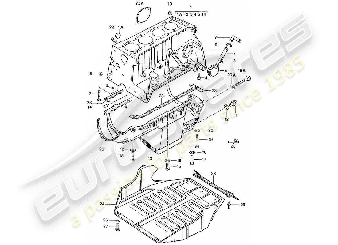 Porsche 924 (1982) CYLINDER BLOCK - WITH PISTONS - OIL PAN - PROTECTIVE PLATE F. ENGINE Part Diagram