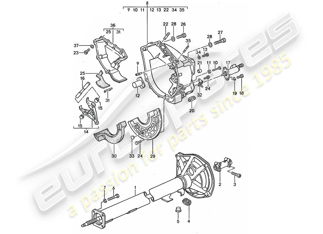 Porsche 968 (1994) manual gearbox - central tube Part Diagram