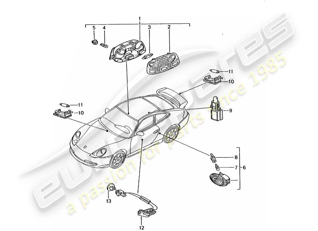 Porsche 996 GT3 (2005) INTERIOR LIGHT - LUGGAGE COMPARTMENT LAMP - ENGINE COMPARTMENT LIGHT - GLOVE BOX LIGHT - DOOR HANDLE ILUMINATION - INTERIOR RELEASE Part Diagram