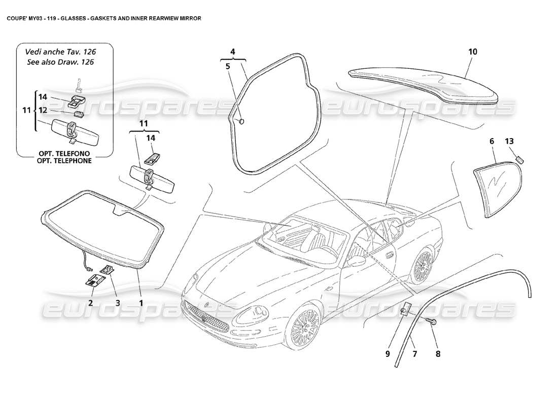 Maserati 4200 Coupe (2003) Glasses - Gaskets and Inner Rearview Mirror Parts Diagram
