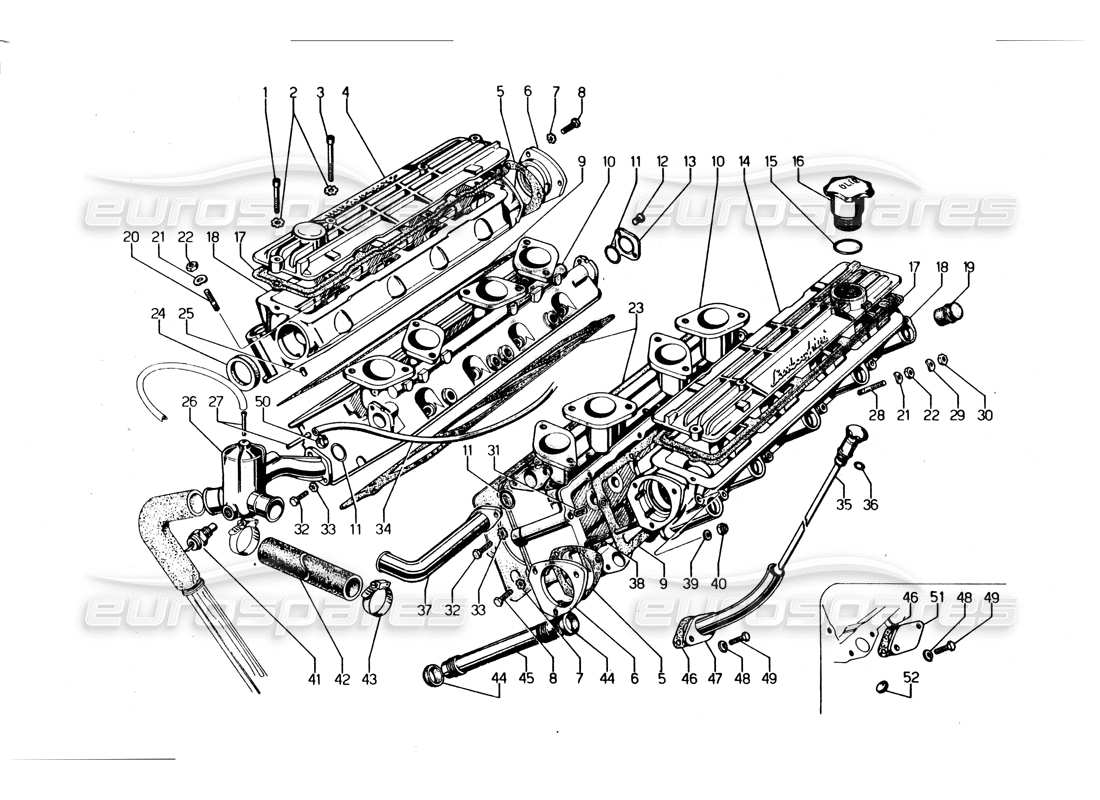 Lamborghini Urraco P250 / P250S Cylinder Heads Parts Diagram