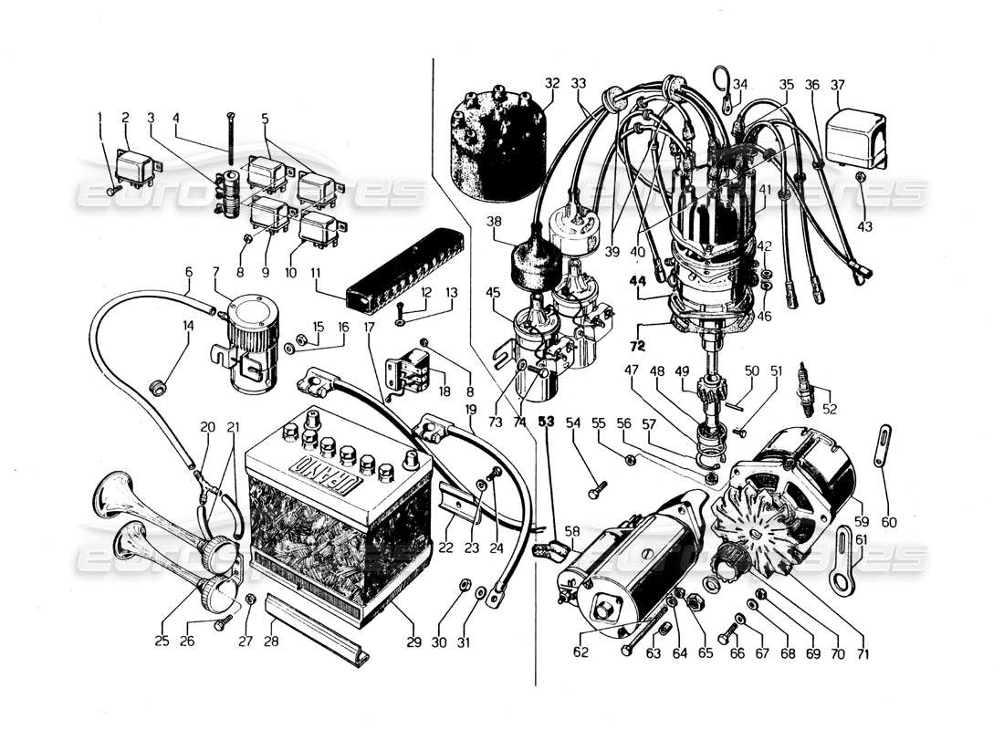 Lamborghini Urraco P250 / P250S electrical system Parts Diagram