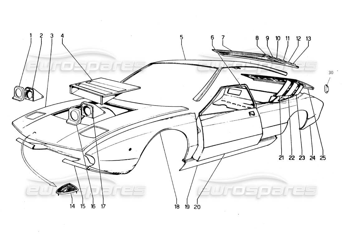 Lamborghini Urraco P250 / P250S Outer covering components Parts Diagram