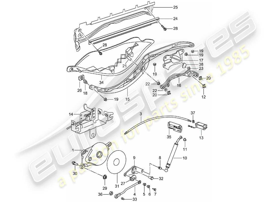 Porsche Boxster 986 (1997) TOP FRAME - DRIVE UNIT - TOP STOWAGE BOX - COVER Part Diagram