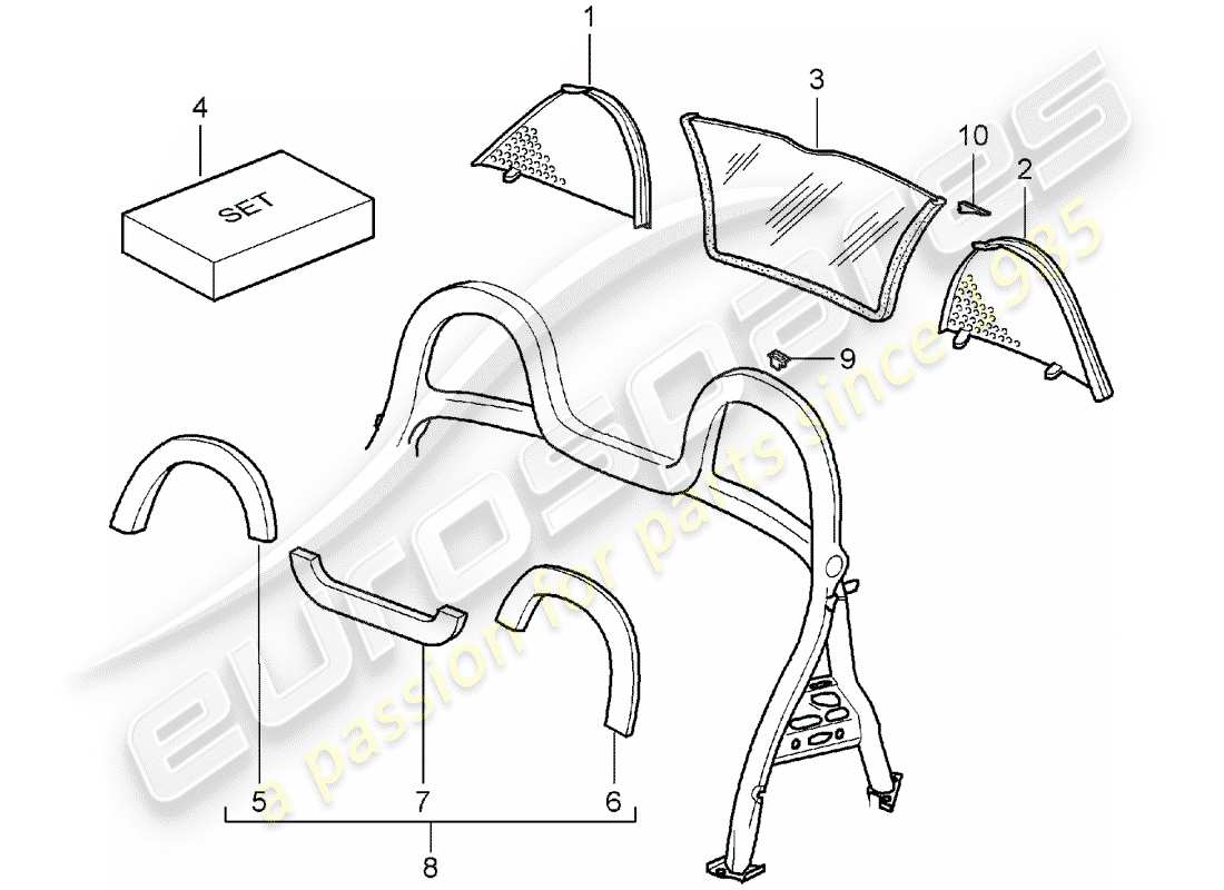 Porsche Boxster 986 (1997) WINDSCREEN - AND - TRIMS - ROLL BAR Part Diagram