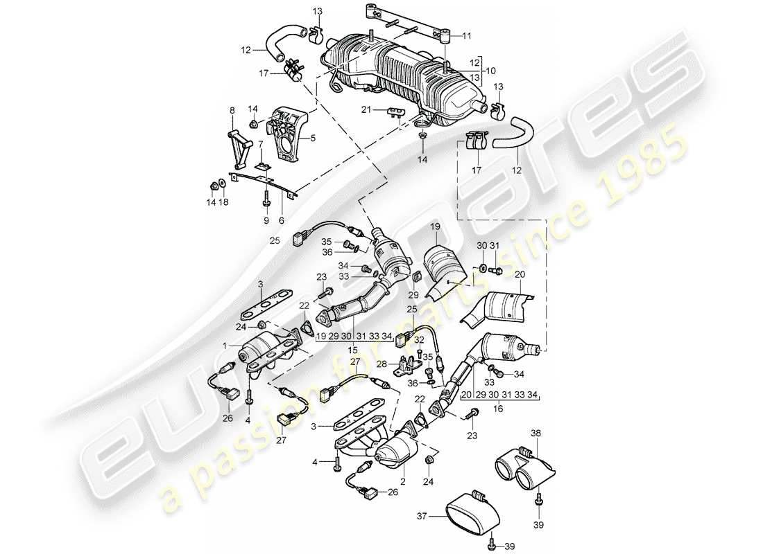 Porsche Boxster 986 (1998) EXHAUST SYSTEM - M 96.21/22 - M 96.23/24 Part Diagram